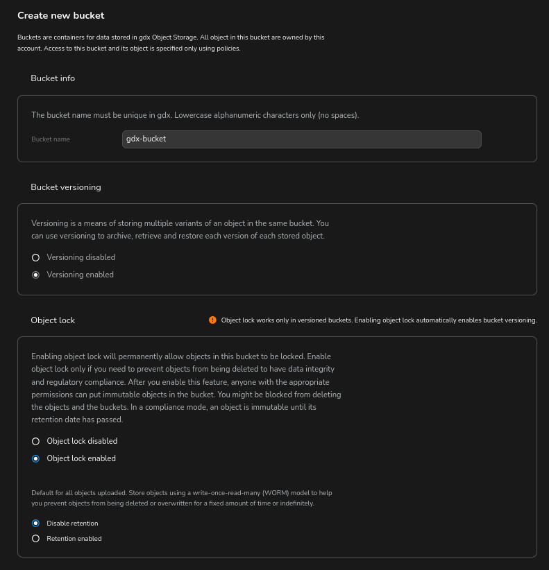 GDX Console - Create bucket with object locking