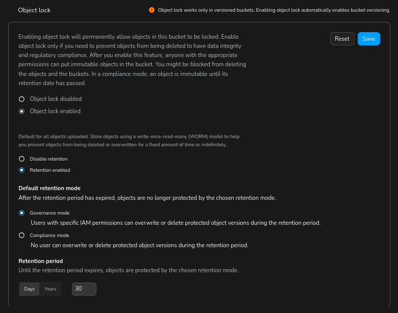 GDX Console - Set a default retention period on the bucket with GOVERNANCE mode