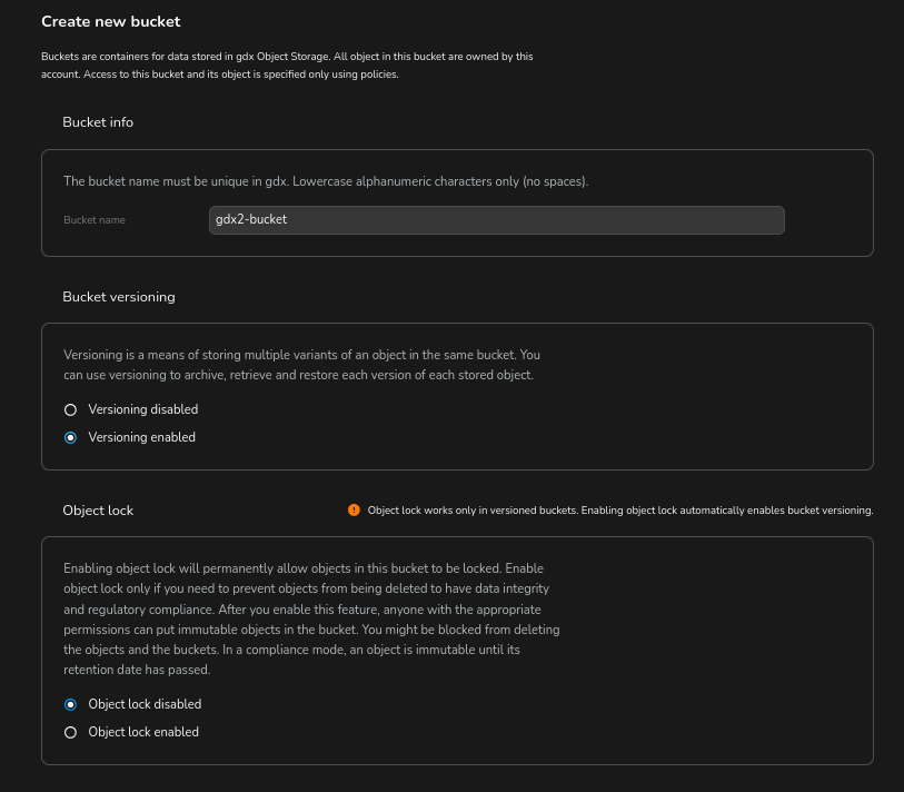 GDX Console - Create versioned bucket