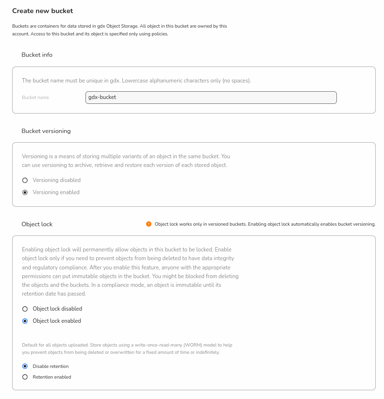 GDX Console - Create bucket with object locking