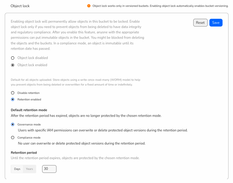 GDX Console - Set a default retention period on the bucket with GOVERNANCE mode