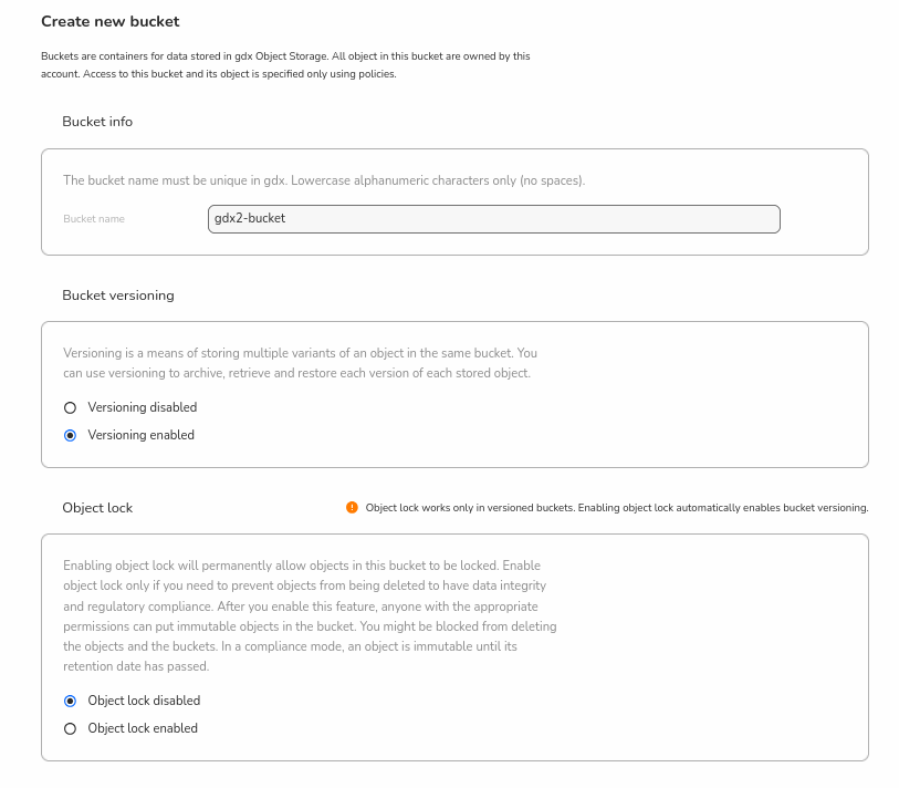 GDX Console - Create versioned bucket